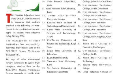 STUDENT LOAN APPLICATION FOR STATE-OWNED TERTIARY INSTITUTIONS: 36 INSTITUTIONS NOW ONBOARDED