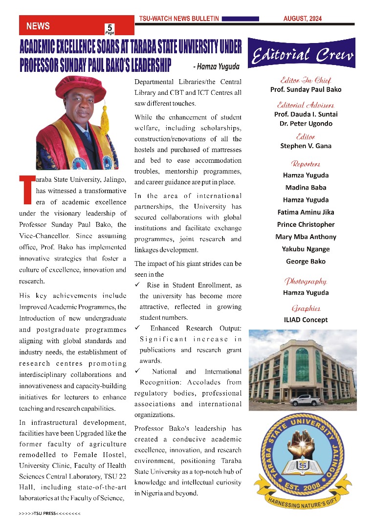 ACADEMIC EXCELLENCE SOARS AT TARABA STATE UNIVERSITY UNDER PROFESSOR SUNDAY PAUL BAKO’S LEADERSHIP