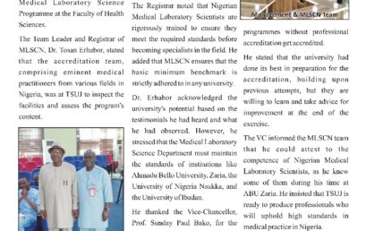 MEDICAL LABORATORY SCIENCE COUNCIL OF NIGERIA VISITS TSUJ FOR THE ACCREDITATION OF THE MEDICAL LABORATORY SCIENCE PROGRAMME