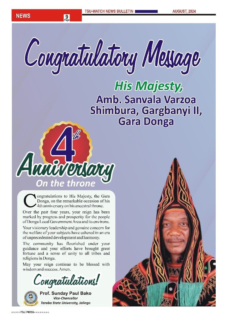 CONGRATULATORY MESSAGE TO HIS MAJESTY, AMB. SANVALA VARZOA SHIMBURA, GARGBANYI II, GARA DONGA ON HIS 4TH ANNIVERSARY ON THE THRONE.